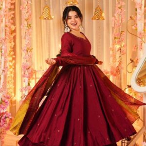 Chinon Silk Maroon Anarkali with a Beautiful Dupatta
